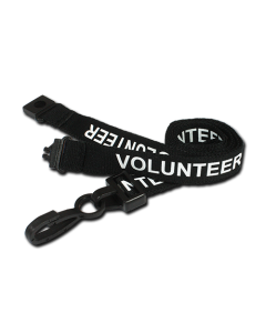 Printed 'Volunteer' 15mm Black Lanyard with Plastic J-Clip (Pack of 100)