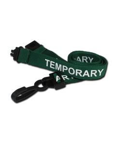 Printed 'Temporary' 15mm Green Lanyard with Plastic J-Clip | Pack of 100