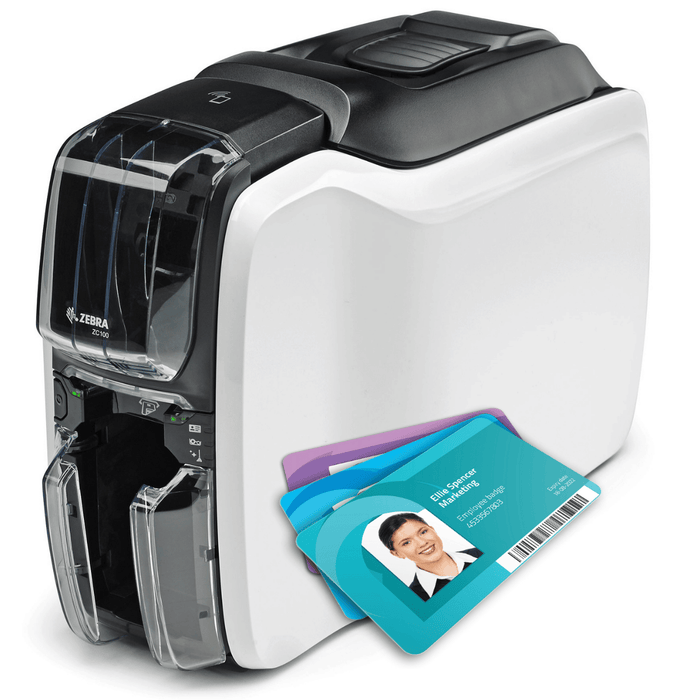 Zebra ZC100 ID card printer with a printed ID card