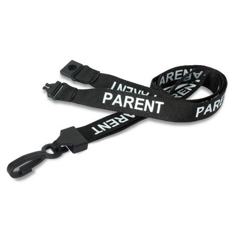 Printed 'Parent' 15mm Black Lanyard with Plastic J-Clip | Pack of 100