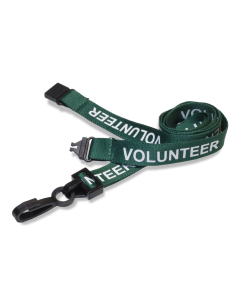 Printed 'Volunteer' 15mm Green Lanyard with Plastic J-Clip | Pack of 100