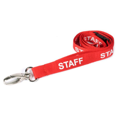 Printed 'Staff' 15mm Red Lanyard with Metal Lobster Clip | Pack of 100