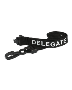 Printed 'Delegate' 15mm Black Lanyard with Plastic J-Clip | Pack of 100 - Cards-X (UK)